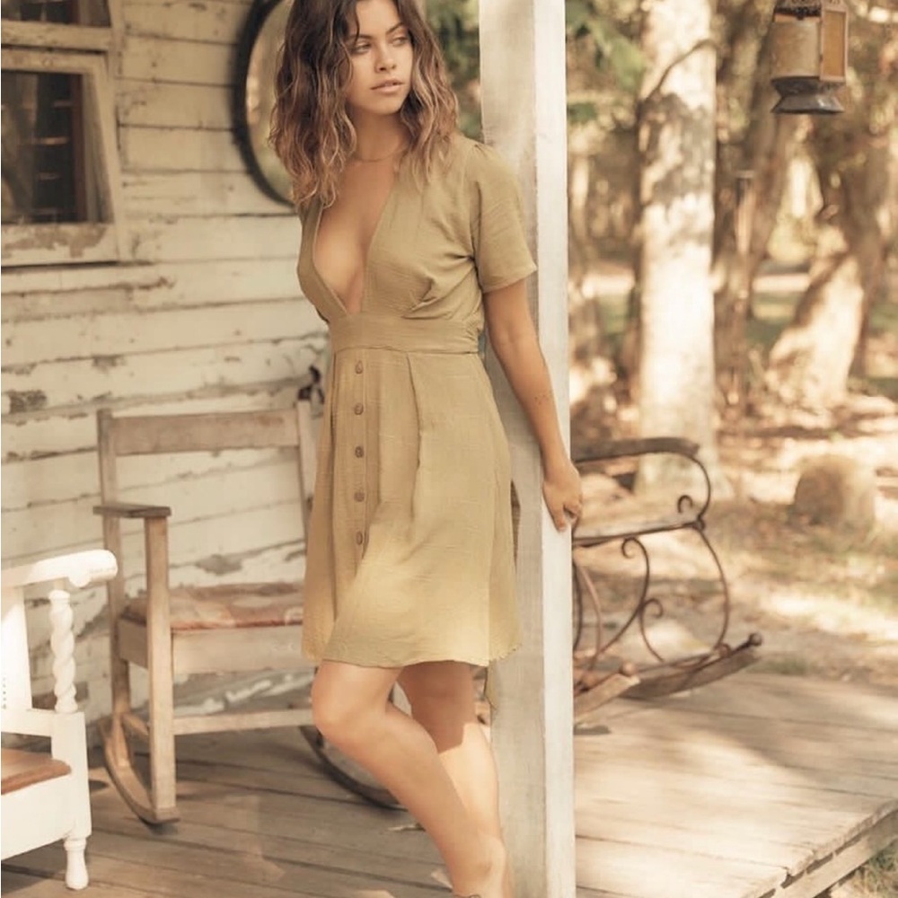 Opia Winslet Olive Green Button-Down Mini Dress With Back Slit Waist Tie Sz XS